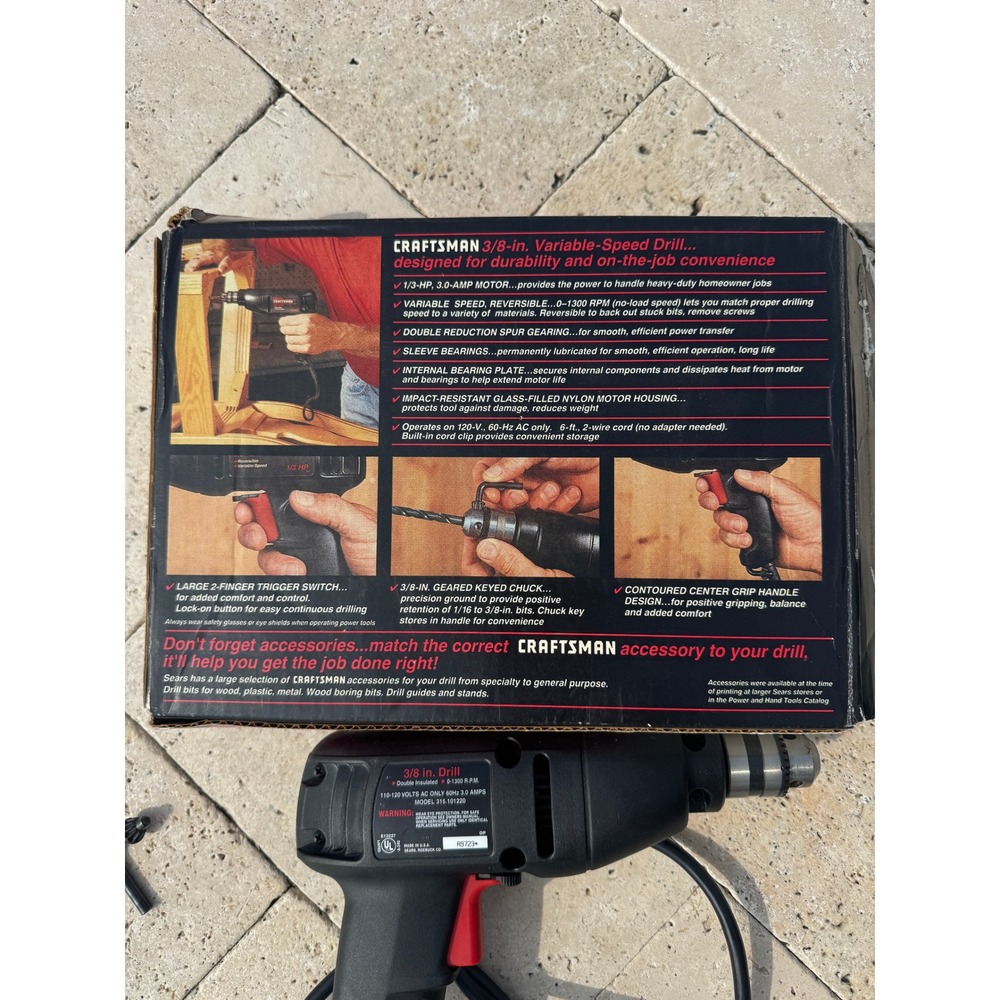 Craftsman 3/8 in Corded Drill Variable Speed Reversible 1/3 HP USA - Picture 8 of 12